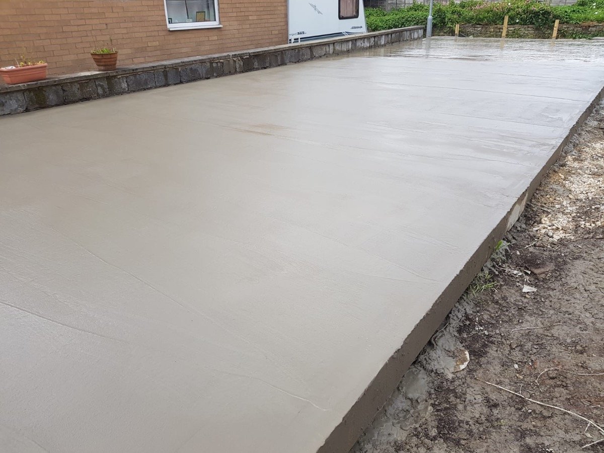 Freshly poured and finished concrete slab, part of a groundworks project