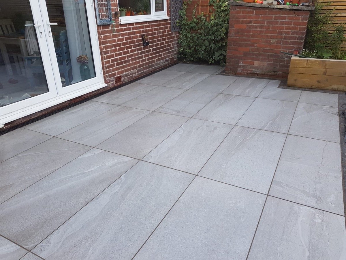 Large-format porcelain patio installed by Major Landscaping and Groundworks